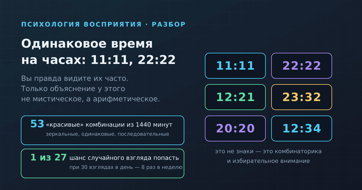 Что означает одинаковое время на часах: 11:11, 22:22 и почему вы их замечаете