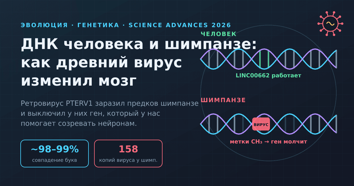 ДНК человека и шимпанзе совпадает на 98%. Почему мозг разный — и при чём тут древний вирус