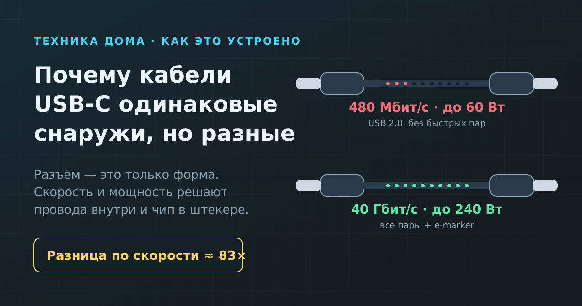 Почему одинаковые кабели USB-C работают по-разному: скорость, ватты и чип