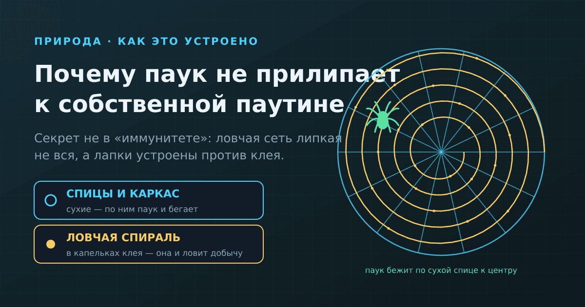 Почему паук не прилипает к собственной паутине