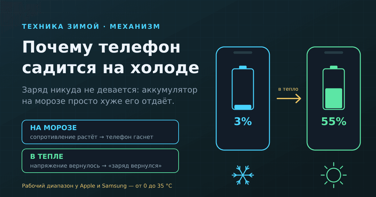 Почему на холоде телефон быстро разряжается — и почему заряд «возвращается» в тепле