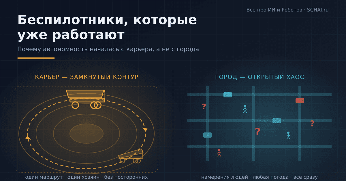 Беспилотники, которые уже работают: почему автономность началась с карьера, а не с города