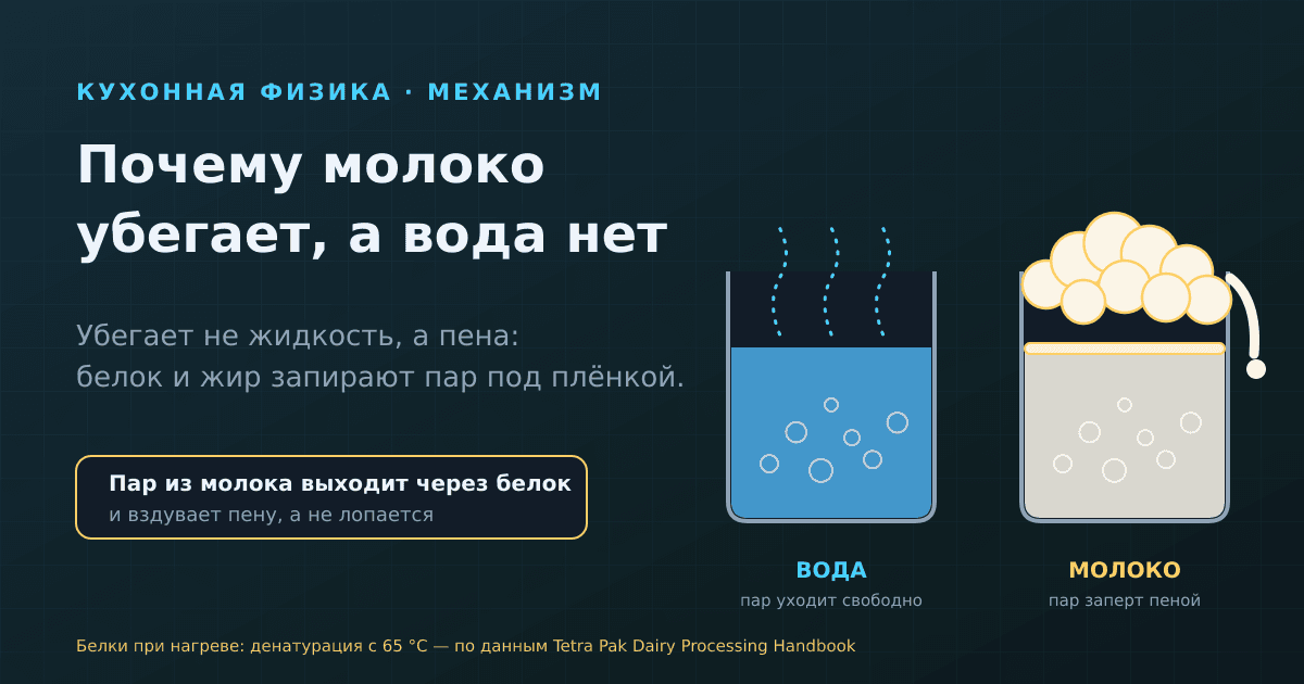 Почему молоко убегает при кипячении, а вода — нет: механизм и что реально помогает