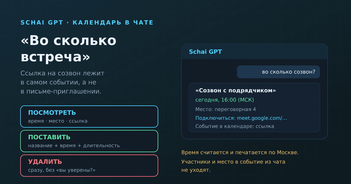 Календарь в чате: как Schai GPT отвечает «во сколько встреча» и ставит события