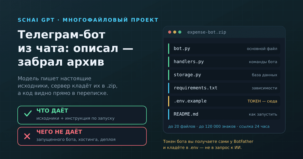 Телеграм-бот из чата: как ИИ собирает код-проект и отдаёт архивом