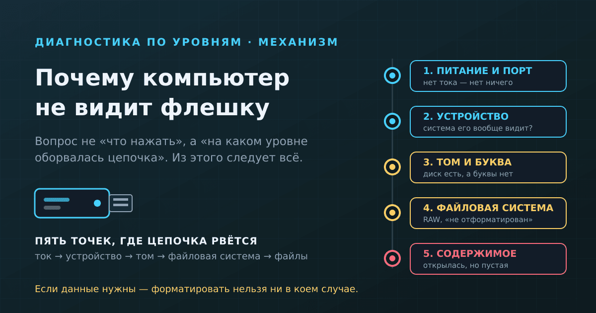 Почему компьютер не видит флешку: диагностика по уровням и что делать с данными
